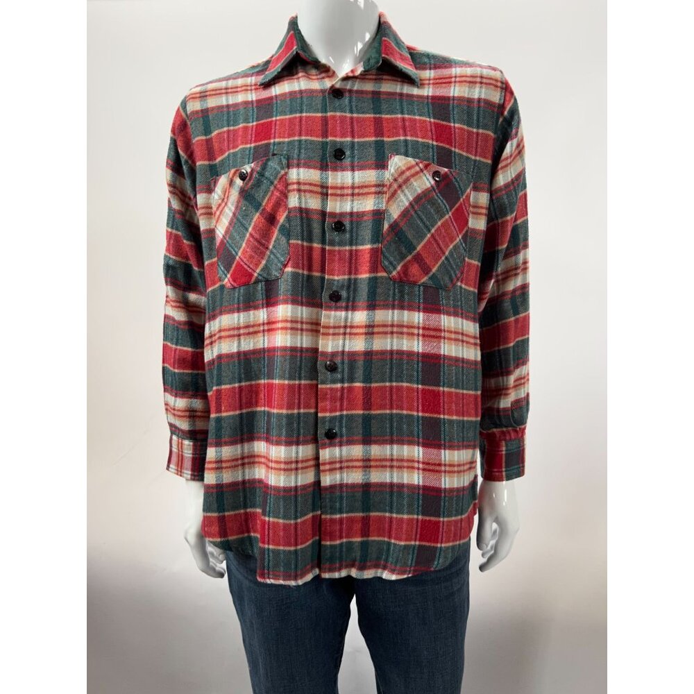 Vintage Red & Green Plaid Button-Up Shirt With Dual Chest Pockets Long Sleeves A